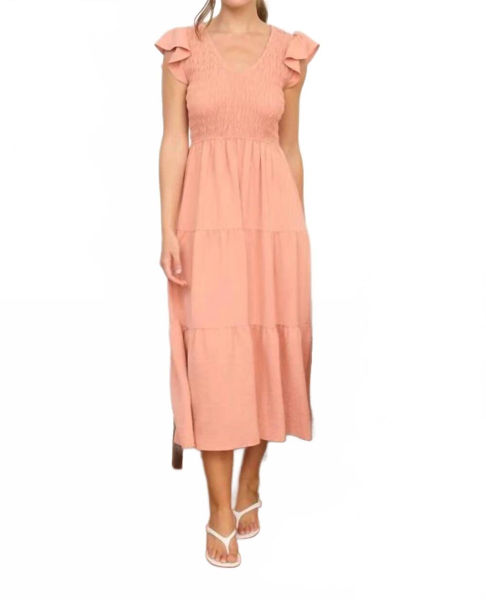 NEW MINE AND E&M flutter sleeve v-neck smocked midi dress in peach